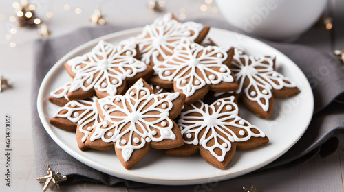 Gingerbread cookies with icing on white plate