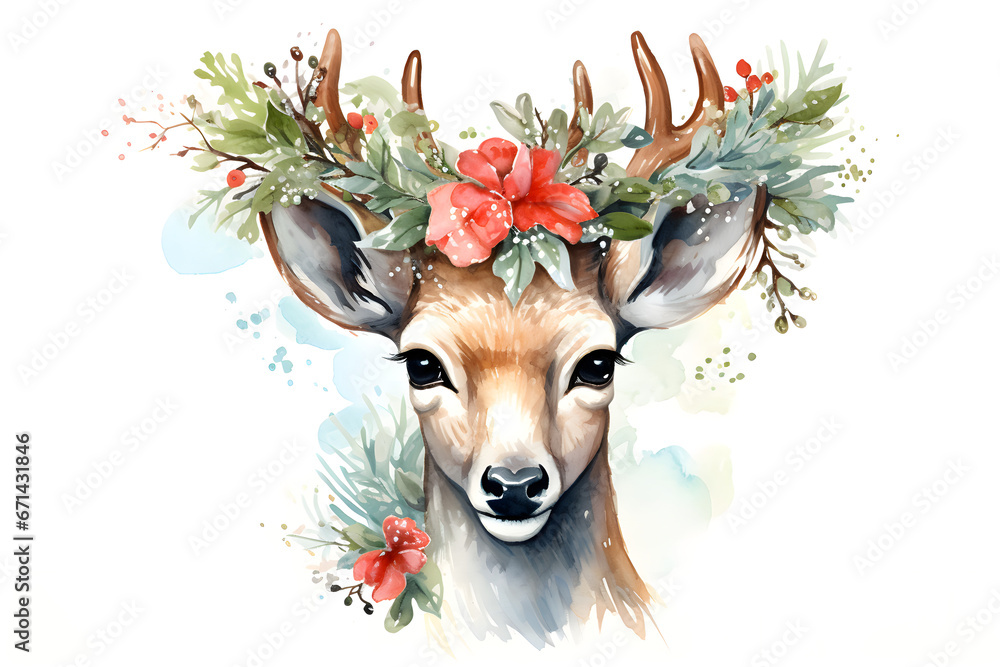 Naklejka premium watercolour illustration of deer with Christmas decoration on the head 