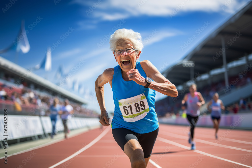 old woman athlete running during championship. healthy lifestyle old woman athlete running during championship. healthy lifestyle