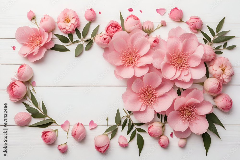 Frame made of pink flowers on wooden white background