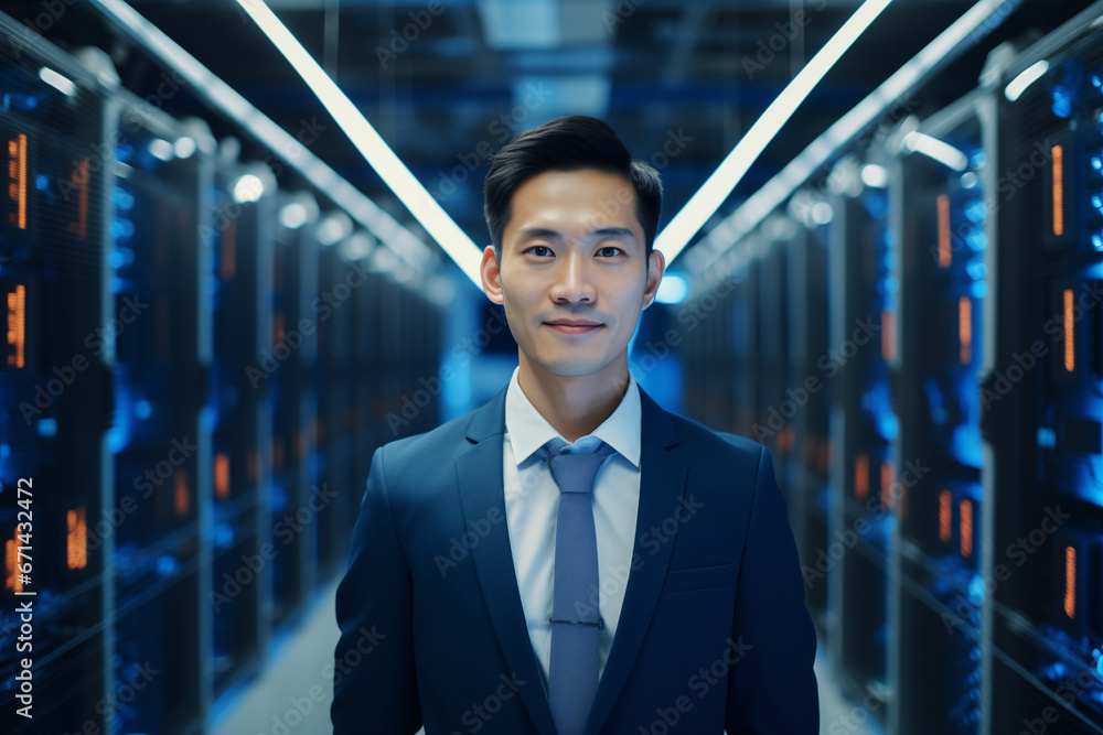 Portrait of Data Center Engineer standing by supercomputer server cabinets in data center, Data protection network for cyber security Portrait of Data Center Engineer standing by supercomputer server cabinets in data center, Data protection network for cyber security