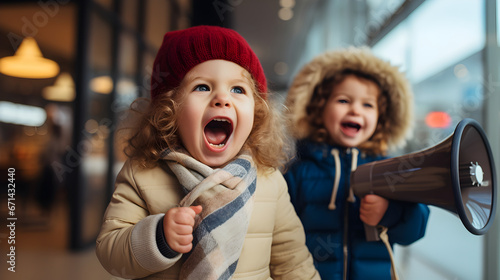 Retail and Lifestyle: An adorable composition featuring two cute kids passionately shouting into small megaphones, promoting Black Friday sales with childlike vigor.