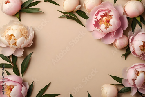 Frame of peonies on beige background