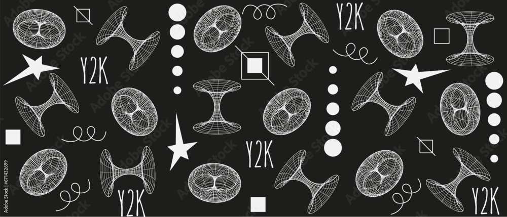 Black and white seamless pattern 3d abstract Geometric y2k aesthetic element and wireframe shapes. Geometry shapes retro design. Vector illustration for social networks, web pages, banners and posters Black and white seamless pattern 3d abstract Geometric y2k aesthetic element and wireframe shapes. Geometry shapes retro design. Vector illustration for social networks, web pages, banners and posters