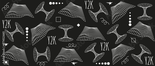 Black and white Set 3d abstract Geometric y2k aesthetic elements and wireframe shapes. Geometry shapes retro design. Vector illustration for social networks, web pages, website, banners and posters.