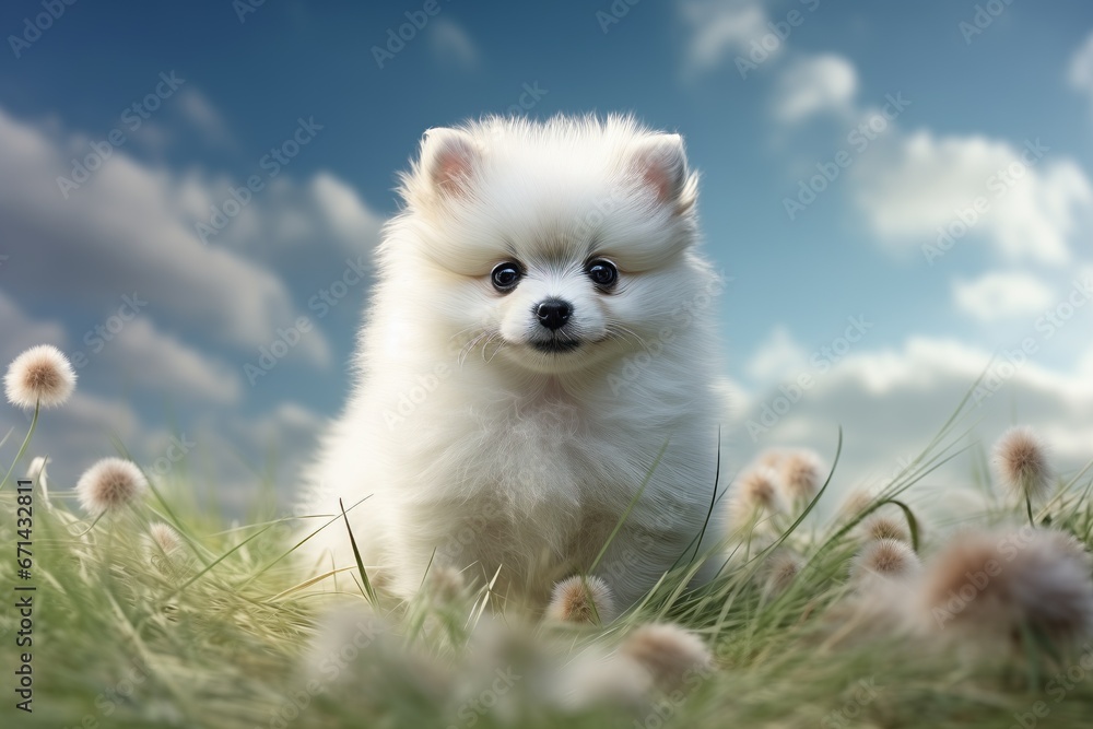 a puppy pomernian smiling on green glass blue sky background