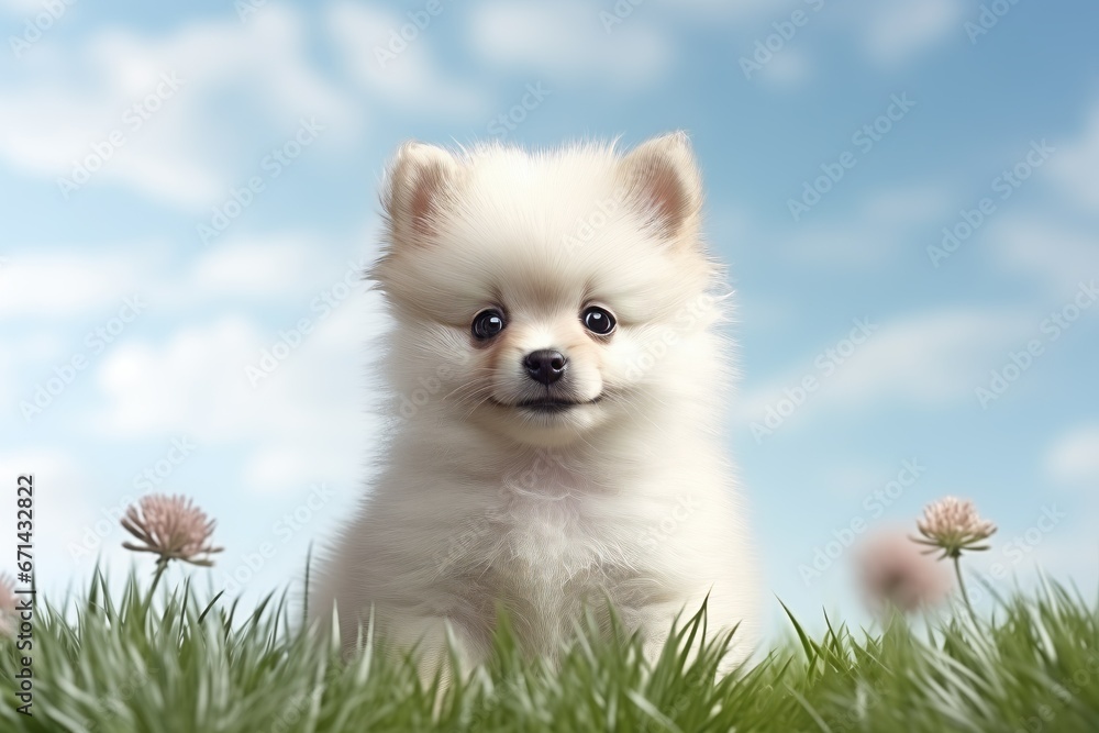 a puppy pomernian smiling on green glass blue sky background