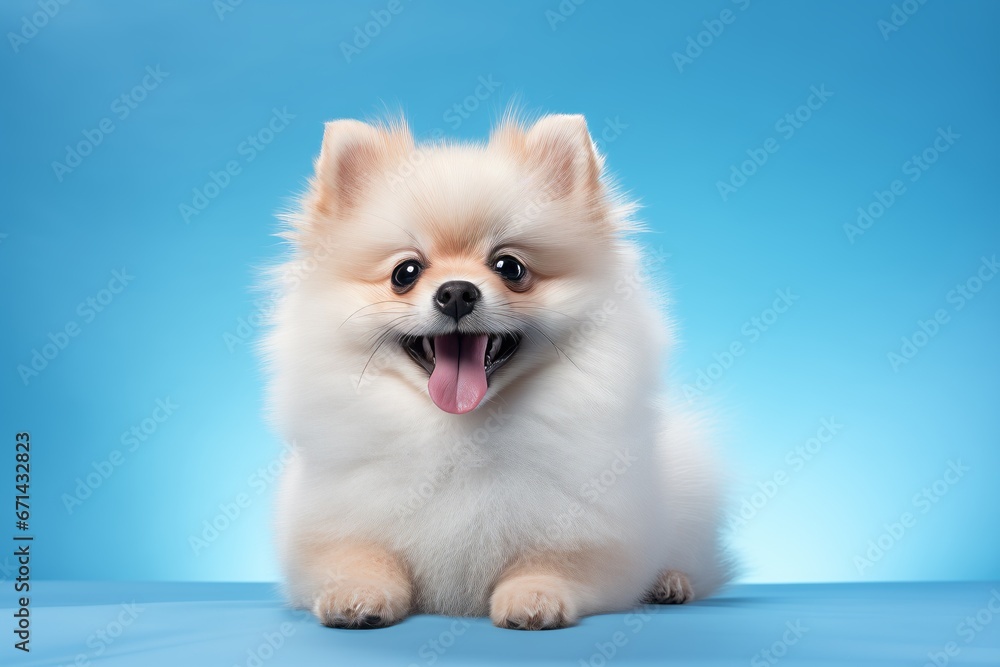 a puppy pomernian smiling on blue isolated background