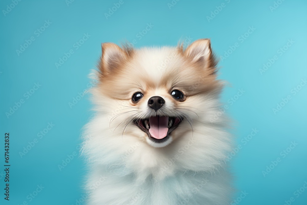 a puppy pomernian smiling on blue isolated background