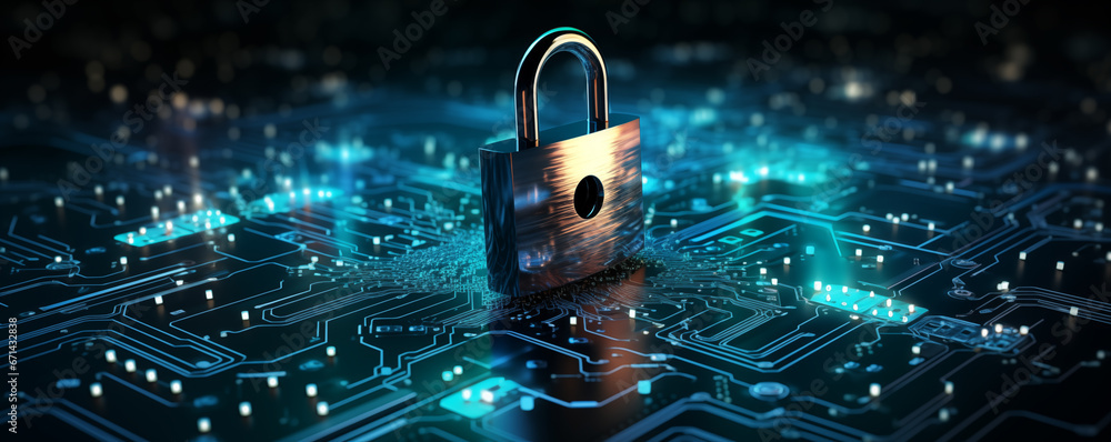 Secure connection or cybersecurity service concept of compute motherboard and safety lock with login and connecting verified credentials  - obrazy, fototapety, plakaty 