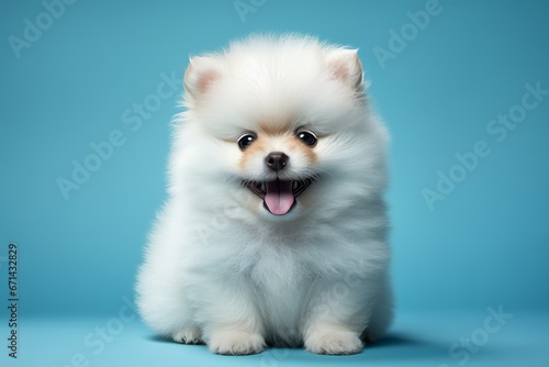 a puppy pomernian smiling on blue isolated background
