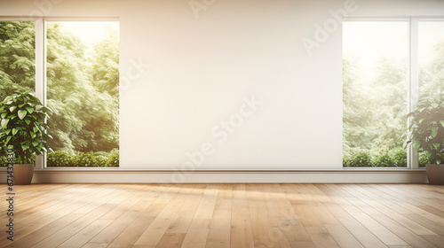 Modern contemporary style empty room with white wall and large window look out to see nature view.