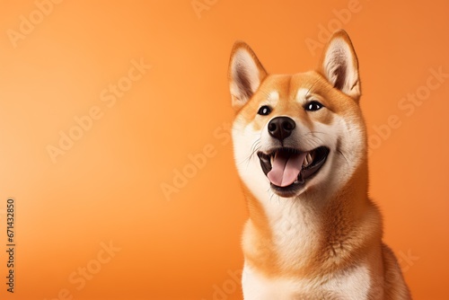 a puppy shiba inu smiling on orange isolated background