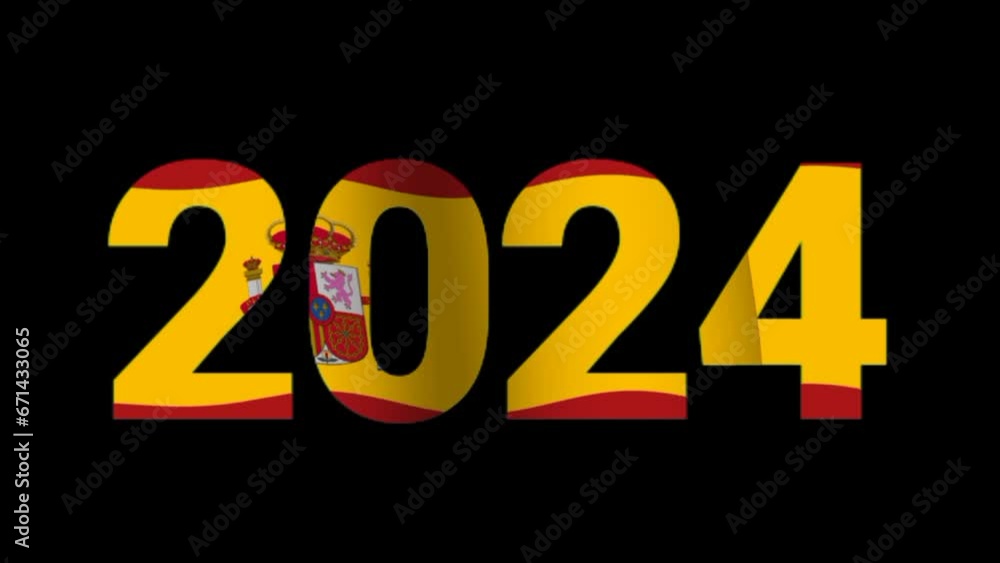 2024 text with Spain flag waving. Spain national day animated for 2024. New year, España , Espana or Espania. Seamless 4k 2024 text with Spain flag waving. Spain national day animated for 2024. New year, España , Espana or Espania. Seamless 4k