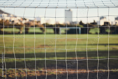 Empty  net or goal post on soccer field for fitness training  exercise or workout outdoors on grass pitch. Football club  background or closeup of game competition event or match contest in stadium