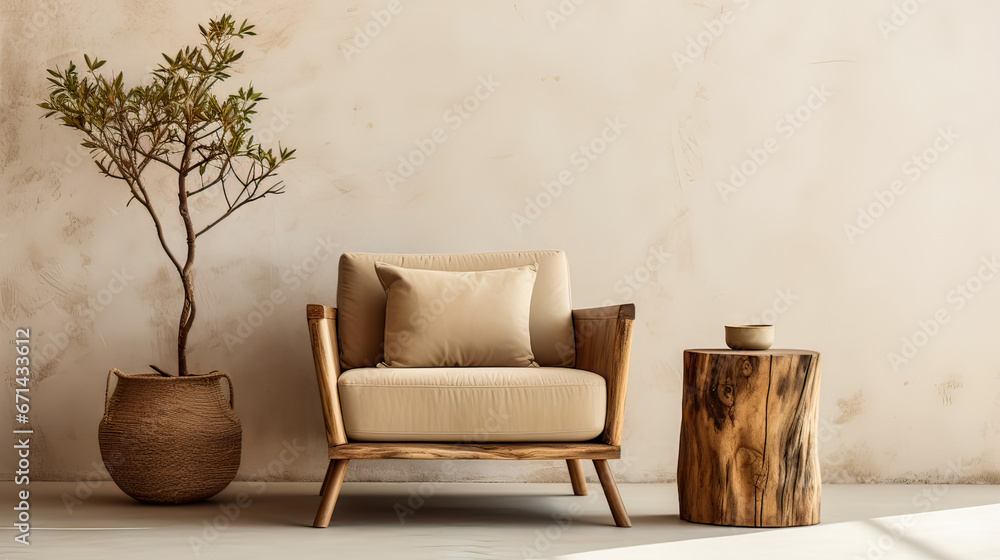 Warm neutral interior wall mockup in soft minimalist living room with rounded beige armchair, wooden side table Warm neutral interior wall mockup in soft minimalist living room with rounded beige armchair, wooden side table