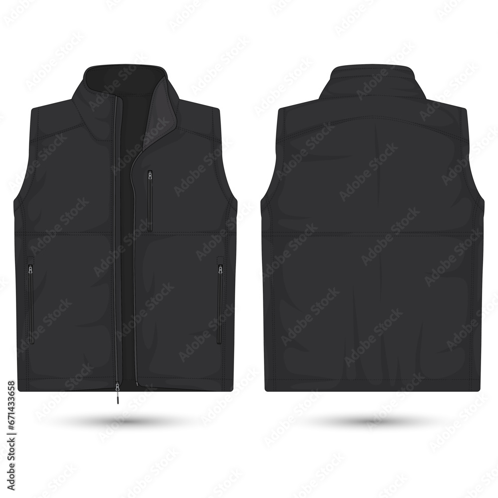 Black vest jacket template front and back view. Vector illustration - obrazy, fototapety, plakaty 