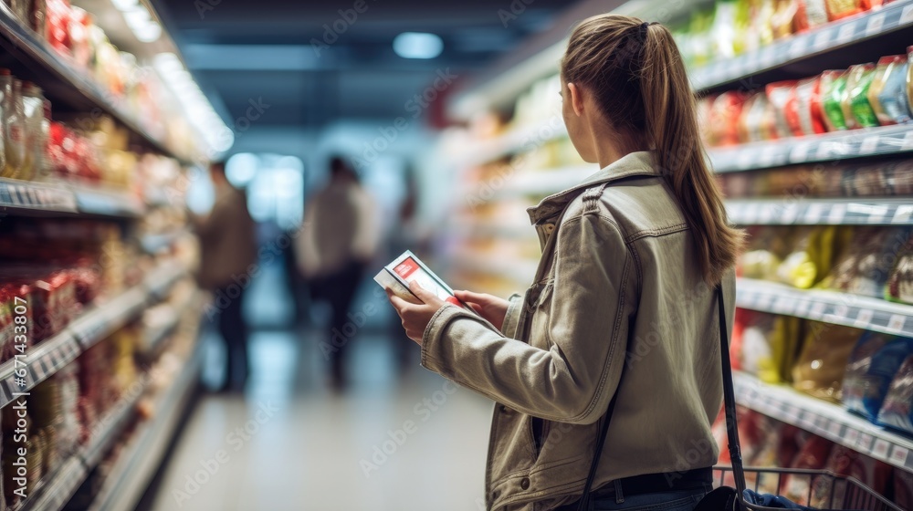 a young woman at the supermarket buying groceries. Shopping in a grocery store. Grocery shopping