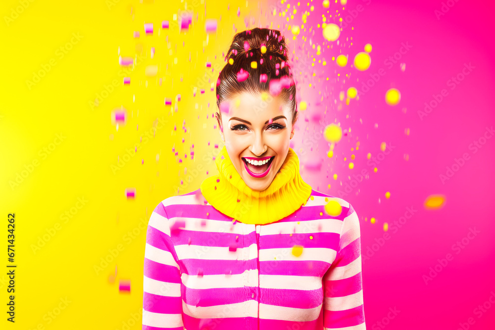 Psychedelic portrait of a woman in pink and yellow.
