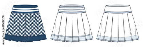 Pleated mini Skirt technical fashion illustration, houndstooth pattern. Set of Skirts fashion flat technical drawing template, front view, white, blue, women CAD mockup set.