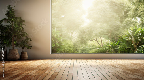 Modern contemporary style empty room with white wall and large window look out to see nature view.