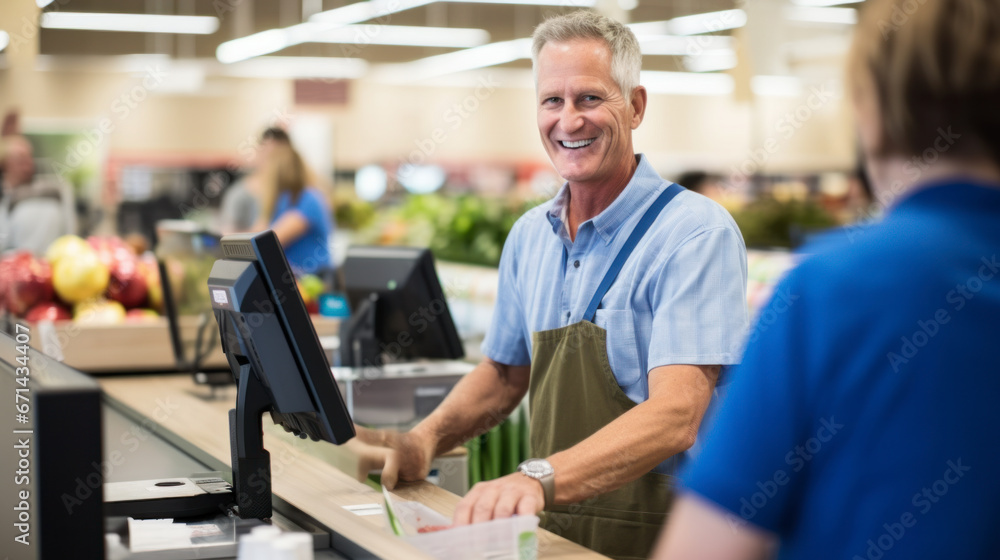 A happy supermarket cashier at work A happy supermarket cashier at work