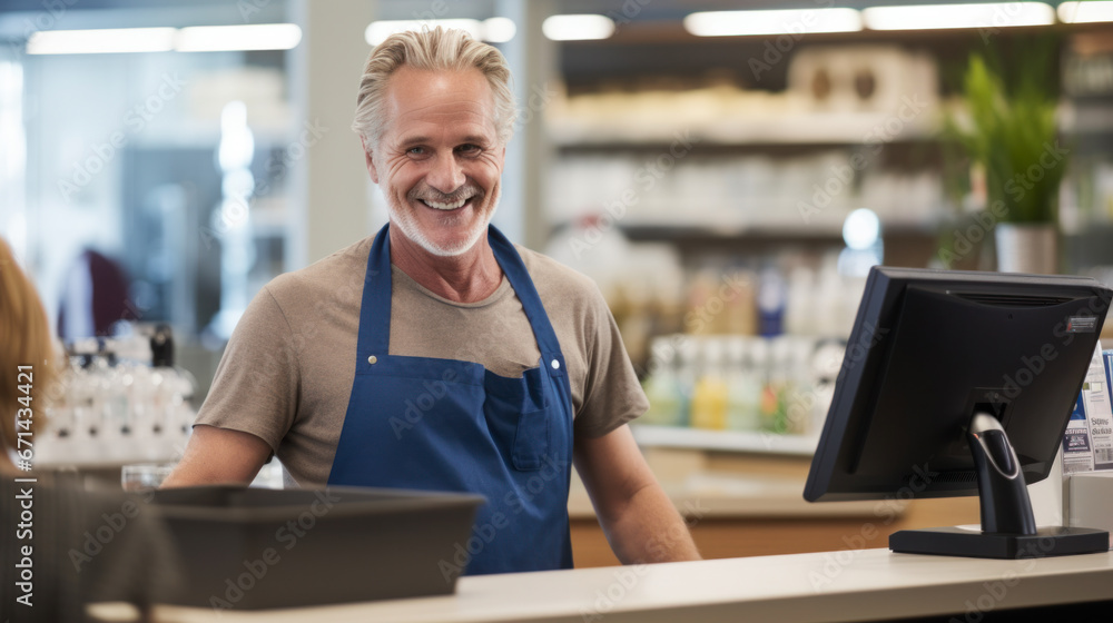 A happy supermarket cashier at work A happy supermarket cashier at work