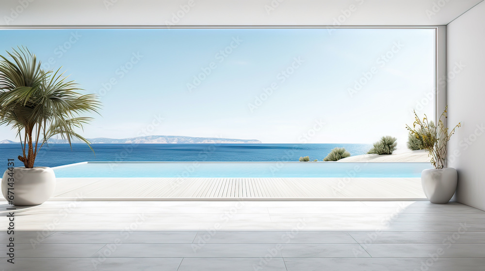 Fototapeta premium Sea view empty large living room of luxury summer beach house with swimming pool near wooden terrace. Big white wall background in vacation home or holiday villa. Hotel interior