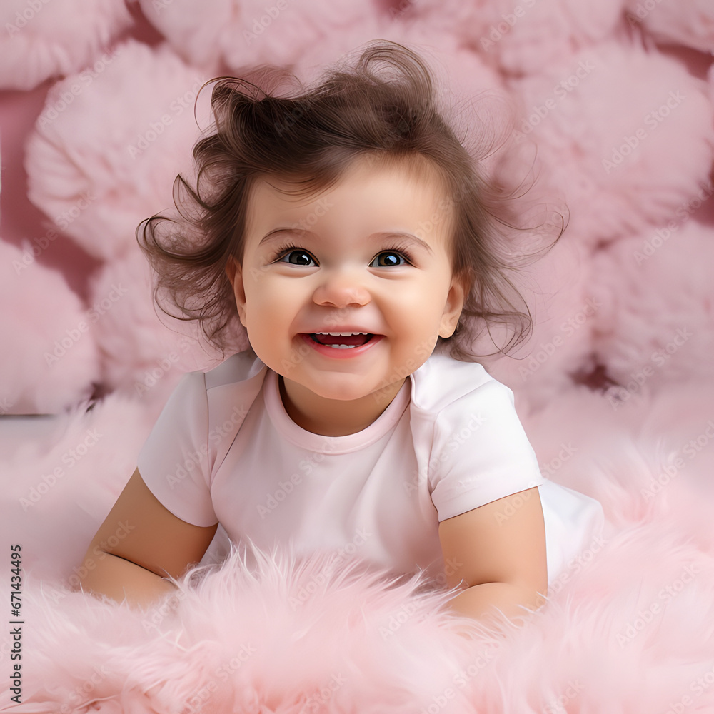 Cute baby sitting on pink fluffy carpet 