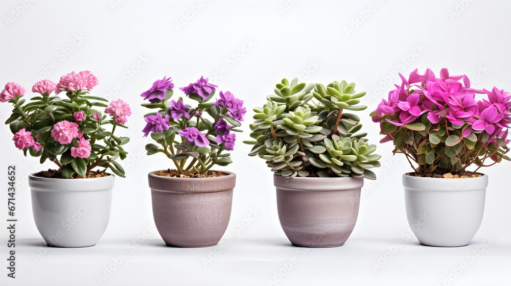 set of flower plants in ceramic pots on white background