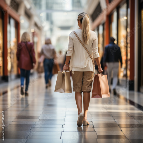 Blurred background of a modern shopping mall with some shoppers. Shoppers walking at shopping center, motion blur. Abstract motion blurred shoppers with shopping bags, 