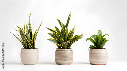 set of plants in ceramic pots on white background
