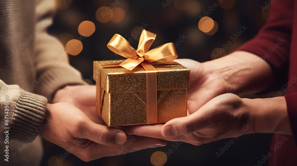 Warm Holiday Gift Exchange Closeup with Golden Bokeh Background