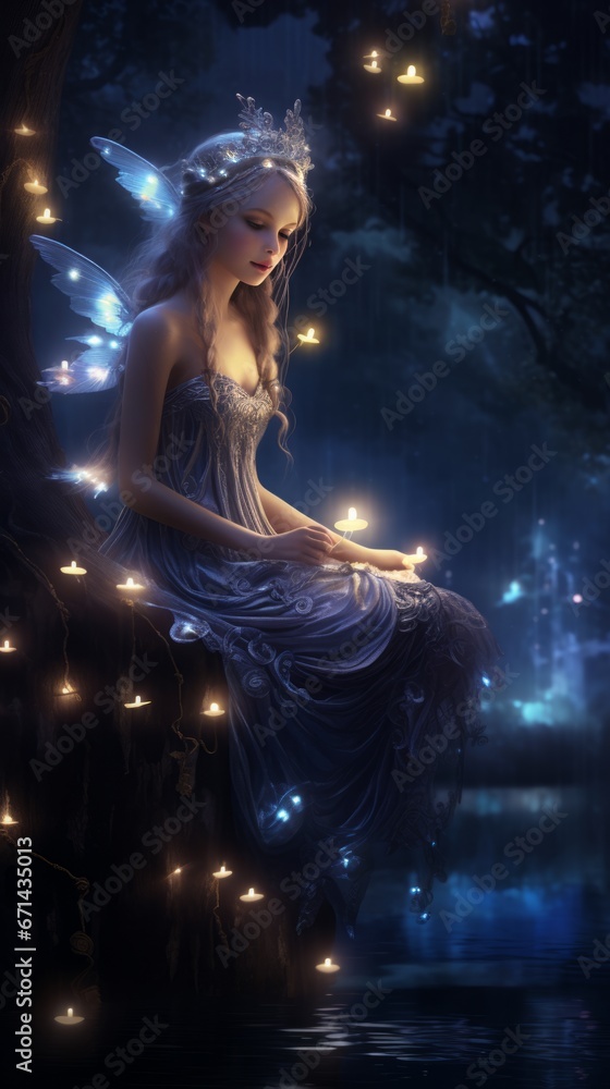 Beautiful fairy girl in a night forest. Fairytale scene.