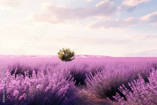 Photo of a picturesque field of lavender against a solid white background. Generative AI