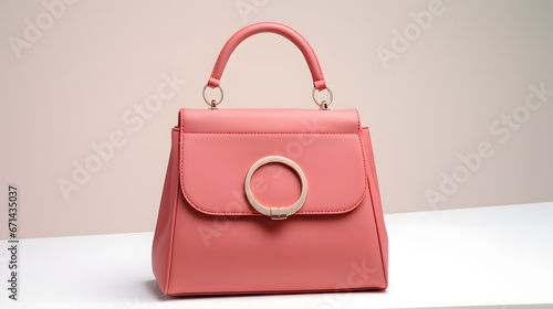 Coral Pink Handbag with a Circular Gold Clasp against a Neutral Background.