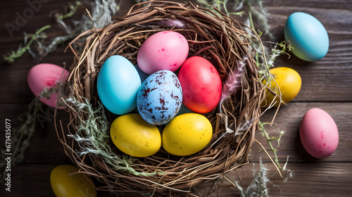Colorful Easter Eggs with Polka Dot Patterns in a Wicker Nest.