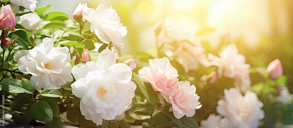 White jasmine bush and pink roses create a garden arrangement