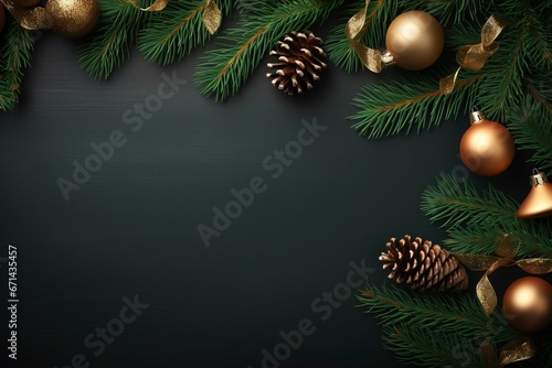a luxury christmas border with christmas brance  pine tree leaf  little lamps decoration  premium silky metal background for flat lay  generative ai