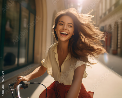 Young Brunette attractive women riding a bicycle 
