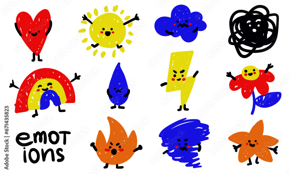 Set of random abstract emotional icons on a white background. Rainbow, heart, sun, drop, fire, lightning. Vector elements with internal emotions. For a children's set of positive and negative emotions