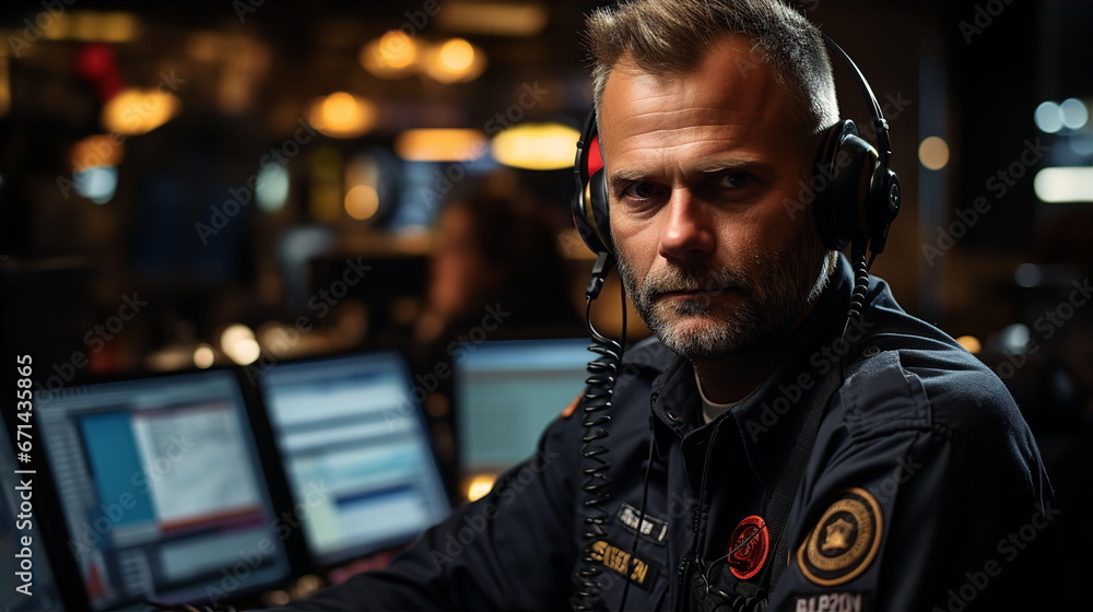 Man police officer with headphones with microphone in call center. Remote customer consulting concept. AI generated Man police officer with headphones with microphone in call center. Remote customer consulting concept. AI generated