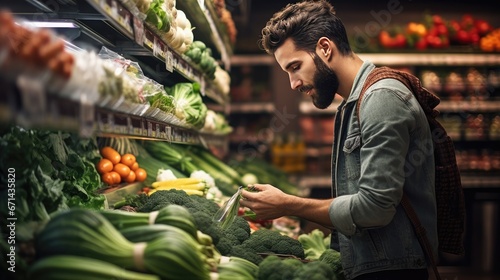 a young man at the supermarket buying groceries. Shopping in a grocery store. Grocery shopping