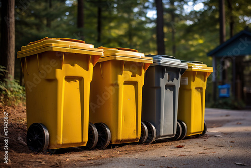 Multicolored garbage containers in urban environment, sorting and recycling of garbage