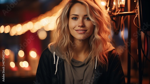 Portrait of beautiful smiling woman in cafe late at night. Entertainment and relaxation concept. AI generated
