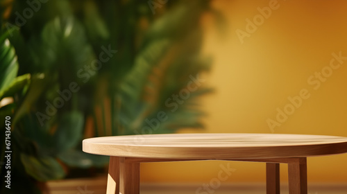 wood table, monstera leaves, natural background, golden hour