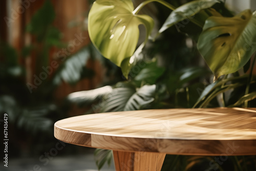 wood table, monstera leaves, natural background, golden hour