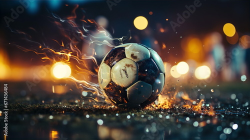 Soccer ball on dirty field at end of game closeup. Professional sport soccer concept. AI generated