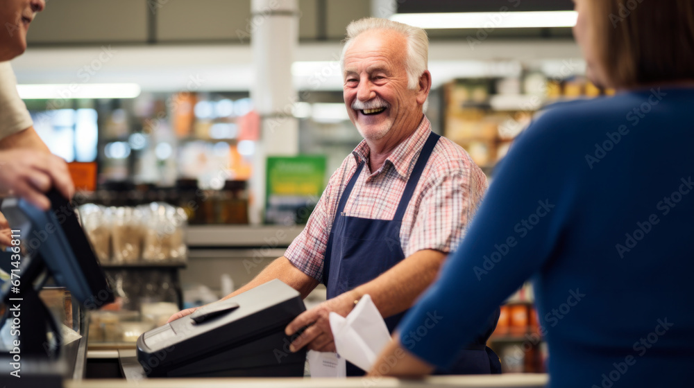 A happy supermarket cashier at work - obrazy, fototapety, plakaty 
