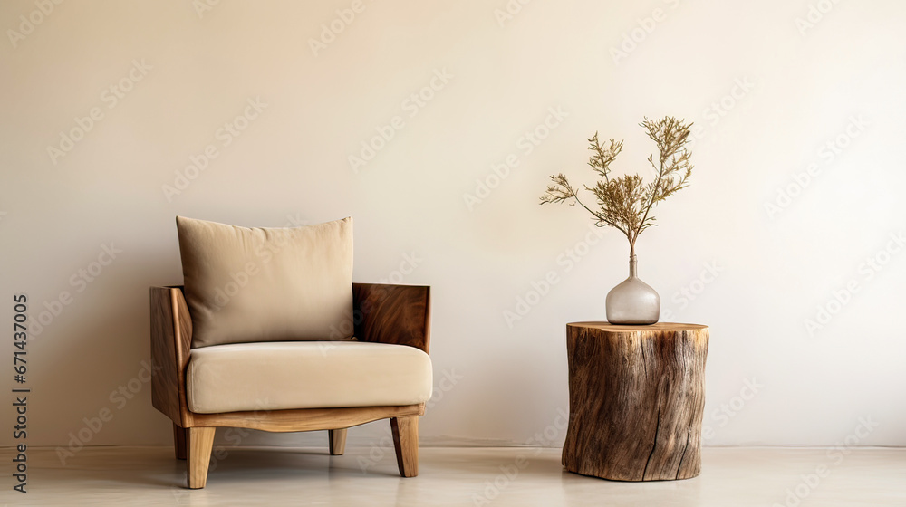 Warm neutral interior wall mockup in soft minimalist living room with rounded beige armchair, wooden side table Warm neutral interior wall mockup in soft minimalist living room with rounded beige armchair, wooden side table